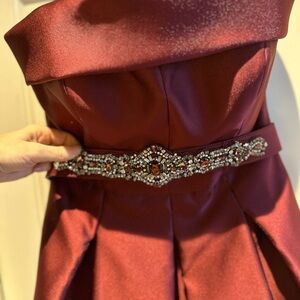 Elegant Burgundy Strapless Dress with Beaded Belt